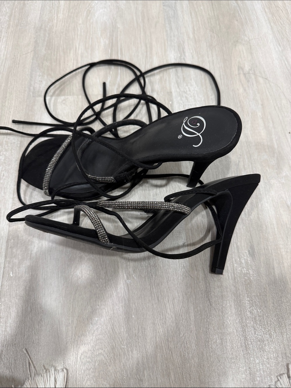 Delicious Black Rhinestone Wrap-Strap Heels - Picture 2 of 3